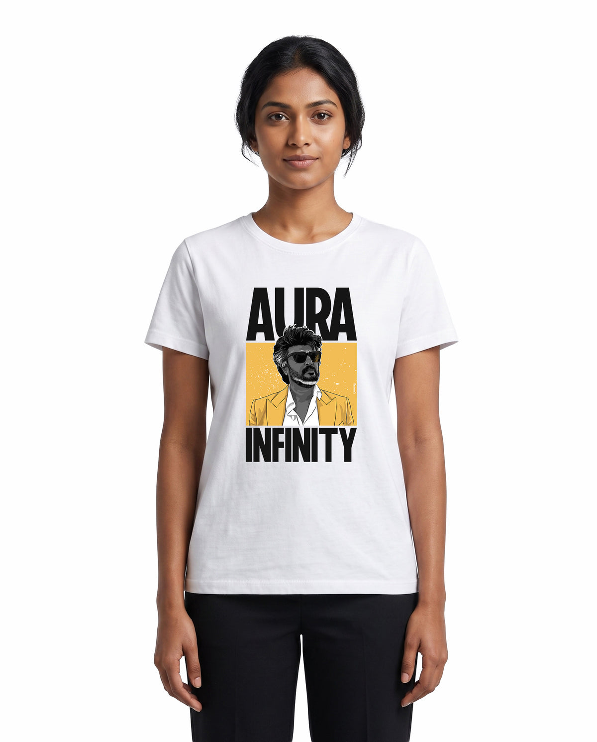 Front view of female model wearing AURA INFINITY - Women's Regular Fit T-Shirt in white in a studio setting.