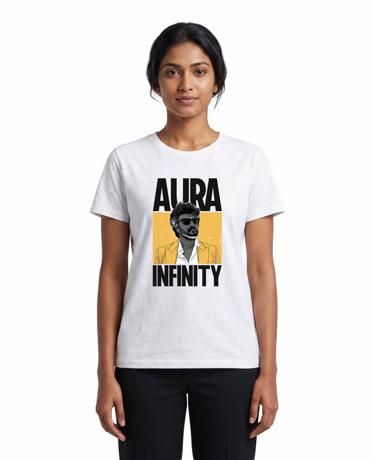 Front view of female model wearing AURA INFINITY - Women's Regular Fit T-Shirt in white in a studio setting.