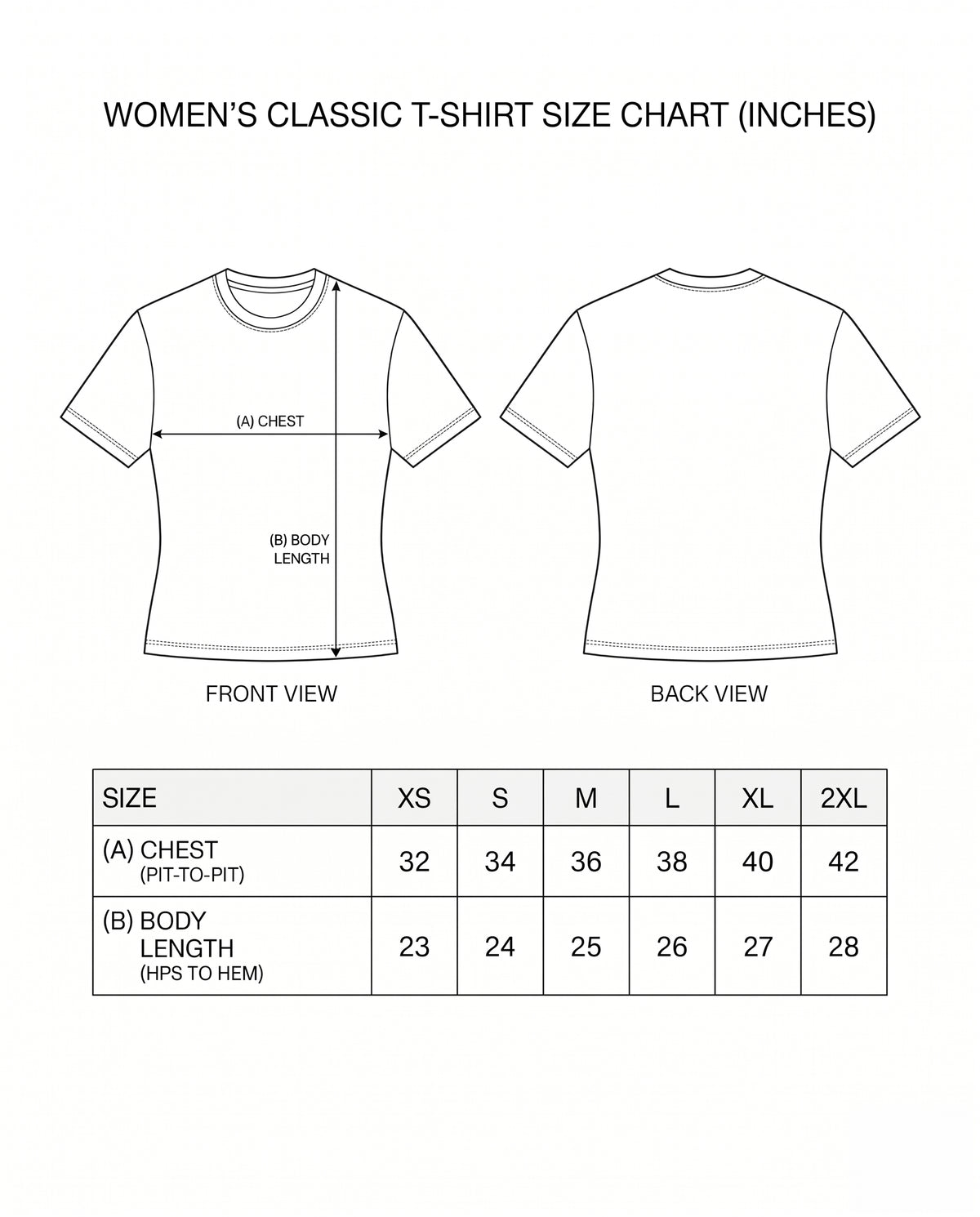 AURA INFINITY - Women's Regular Fit T-Shirt size chart with measurements.