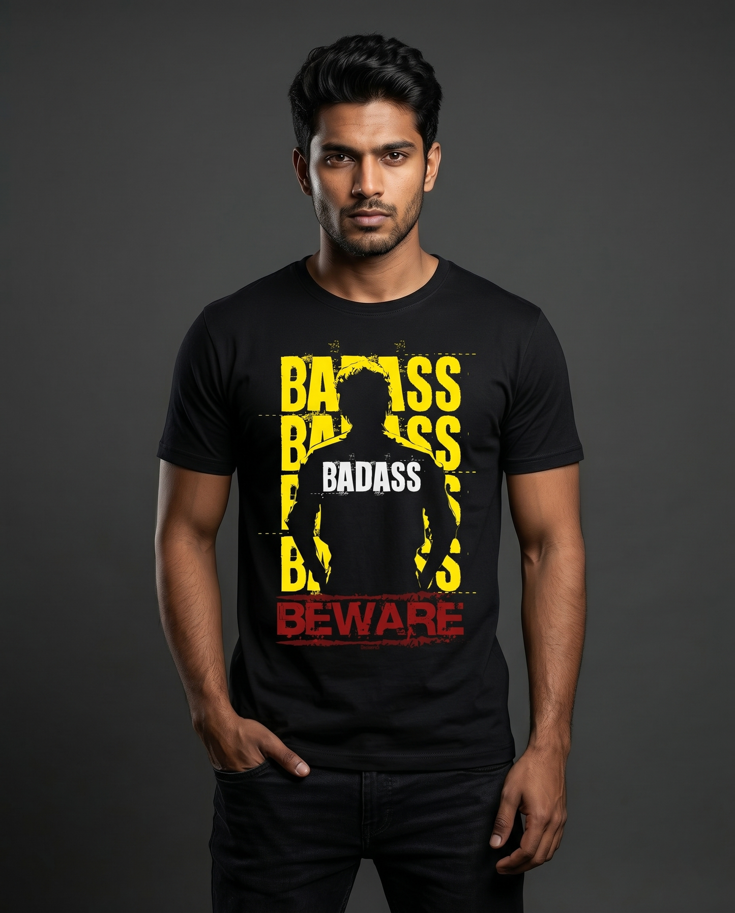 Young South Indian male wearing BADASS Vijay inspired men's regular-fit t-shirt in black in premium studio fashion portrait.