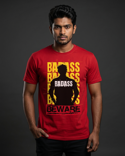 Young South Indian male wearing BADASS Vijay inspired men's regular-fit t-shirt in red in premium studio fashion portrait.