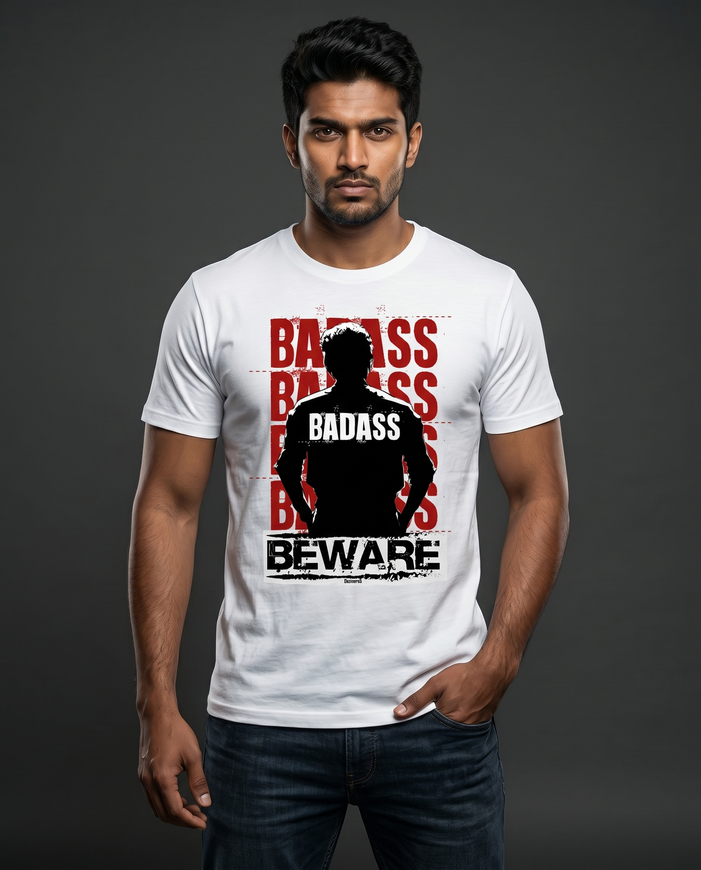 Young South Indian male wearing BADASS Vijay inspired men's regular-fit t-shirt in white in premium studio fashion portrait.