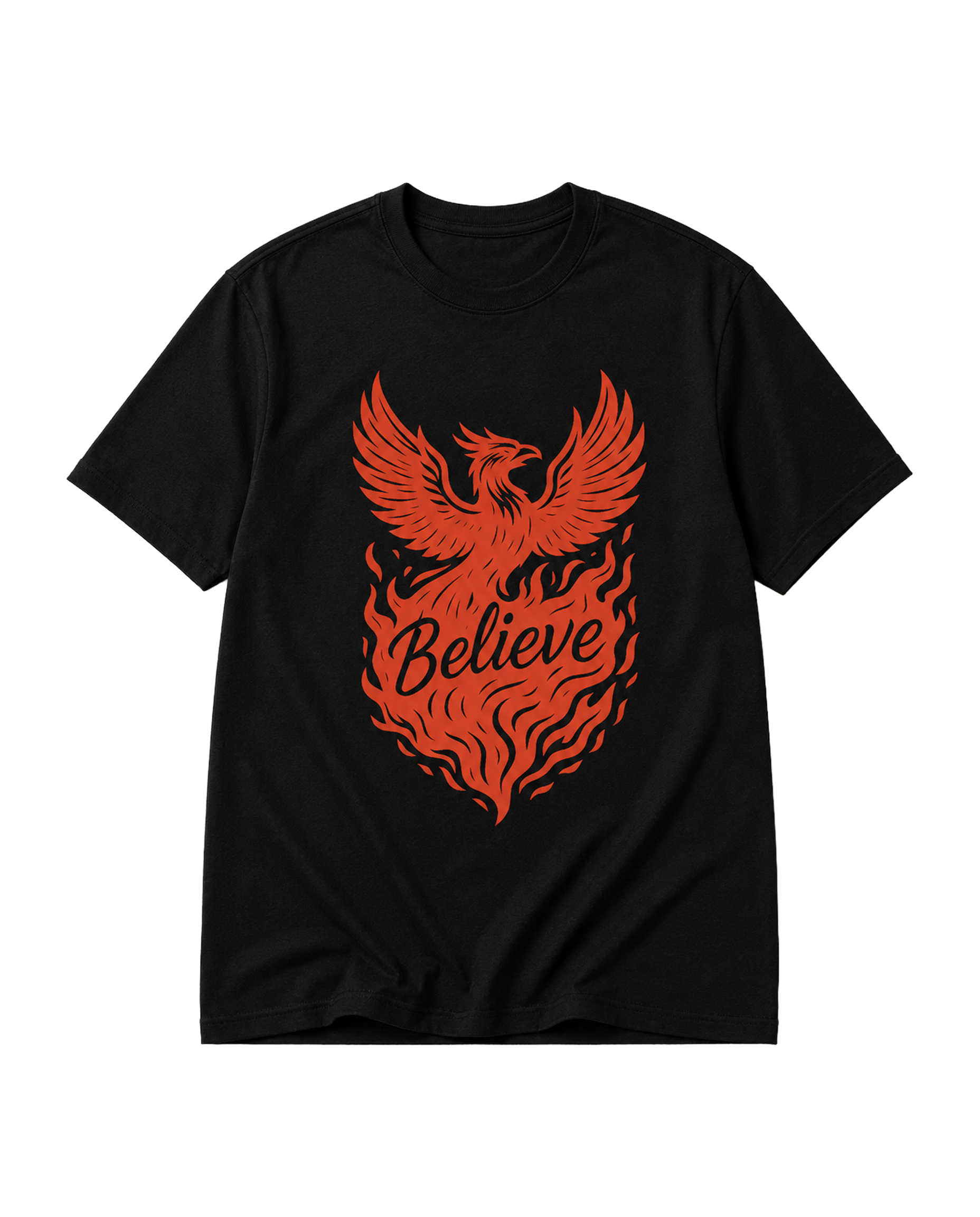 BELIEVE men's regular-fit t-shirt in black featuring a phoenix-inspired graphic and motivational typography design.