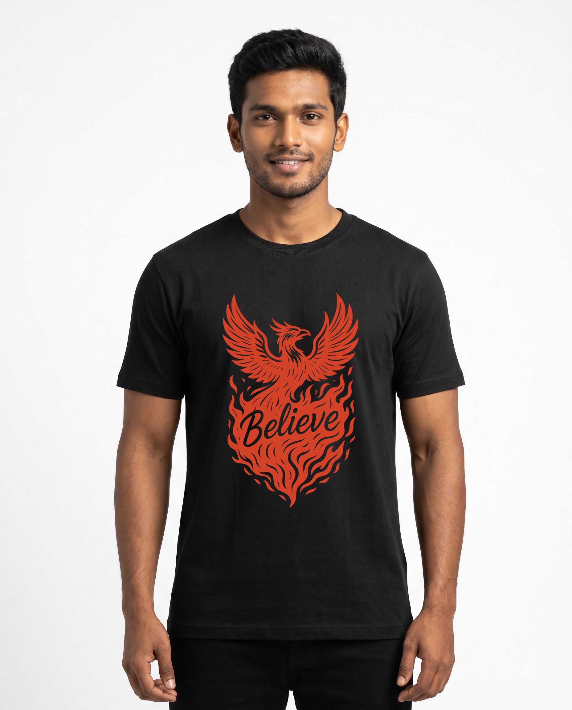 Male model wearing BELIEVE men's regular-fit t-shirt in black in a studio setting.