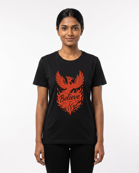 Female model wearing BELIEVE women's regular-fit t-shirt in black in a studio setting.