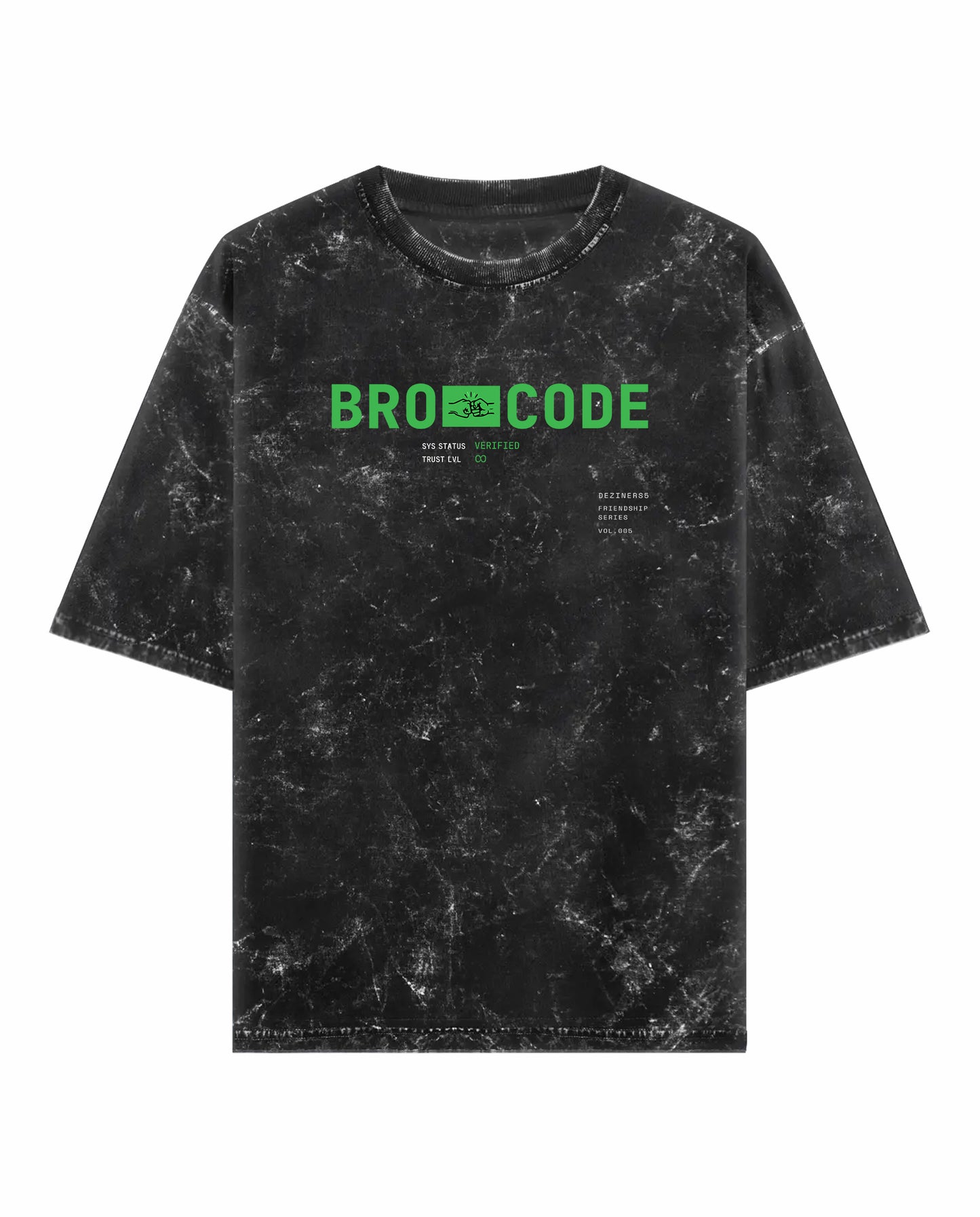 Front view of BRO CODE unisex acid washed oversized graphic t-shirt in black.