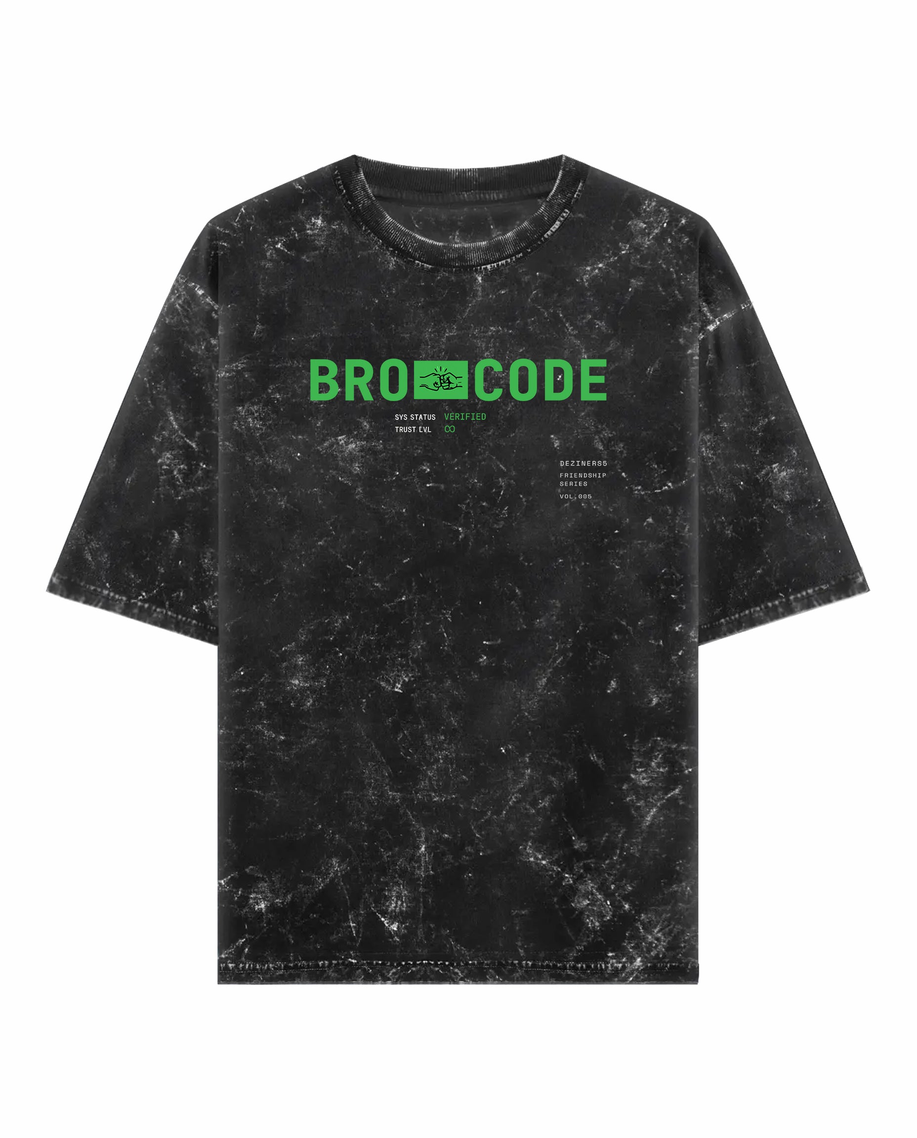 Front view of BRO CODE unisex acid washed oversized graphic t-shirt in black.