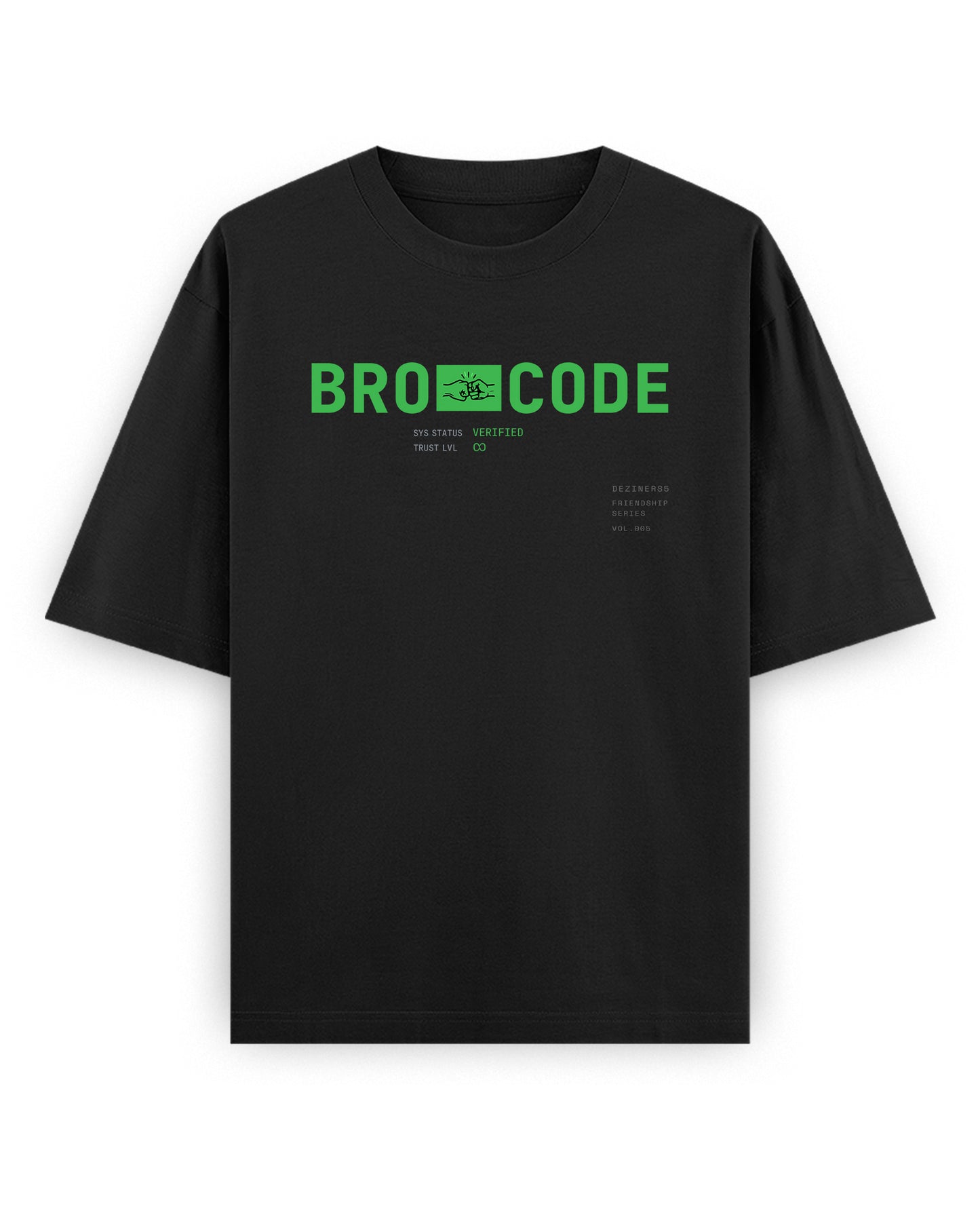 Front view of BRO CODE unisex oversized graphic t-shirt in black.