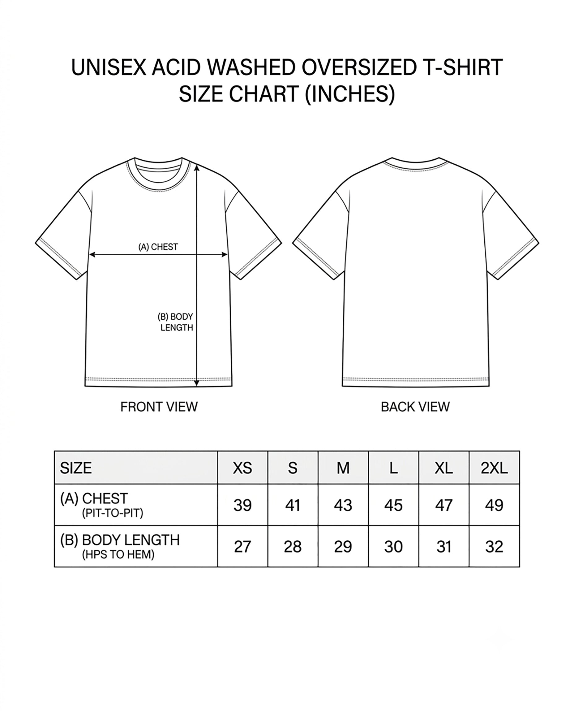 BRO CODE unisex acid washed oversized graphic t-shirt size chart with measurements.