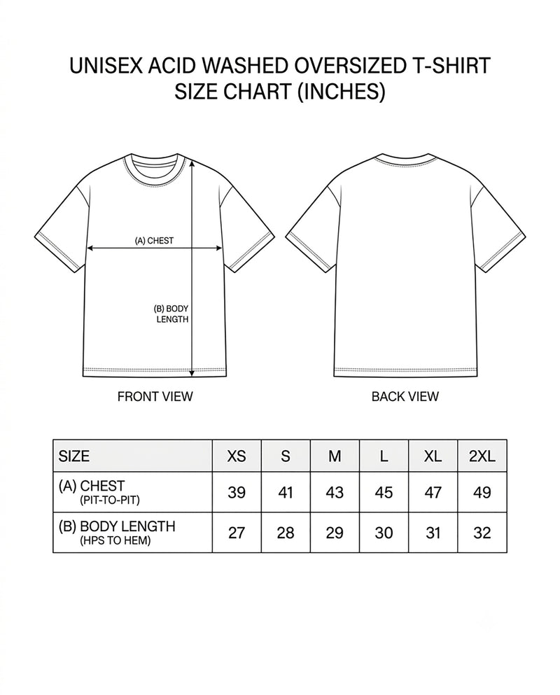BRO CODE unisex acid washed oversized graphic t-shirt size chart with measurements.