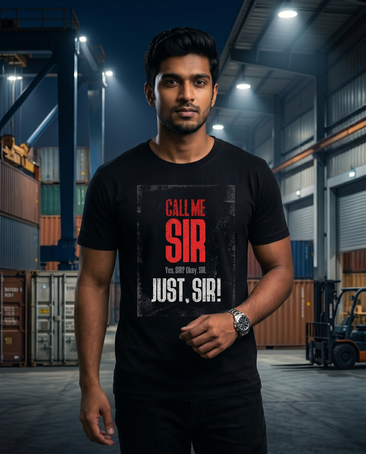Young South Indian male wearing the CALL ME SIR men's regular-fit t-shirt in black in a premium industrial logistics environment.