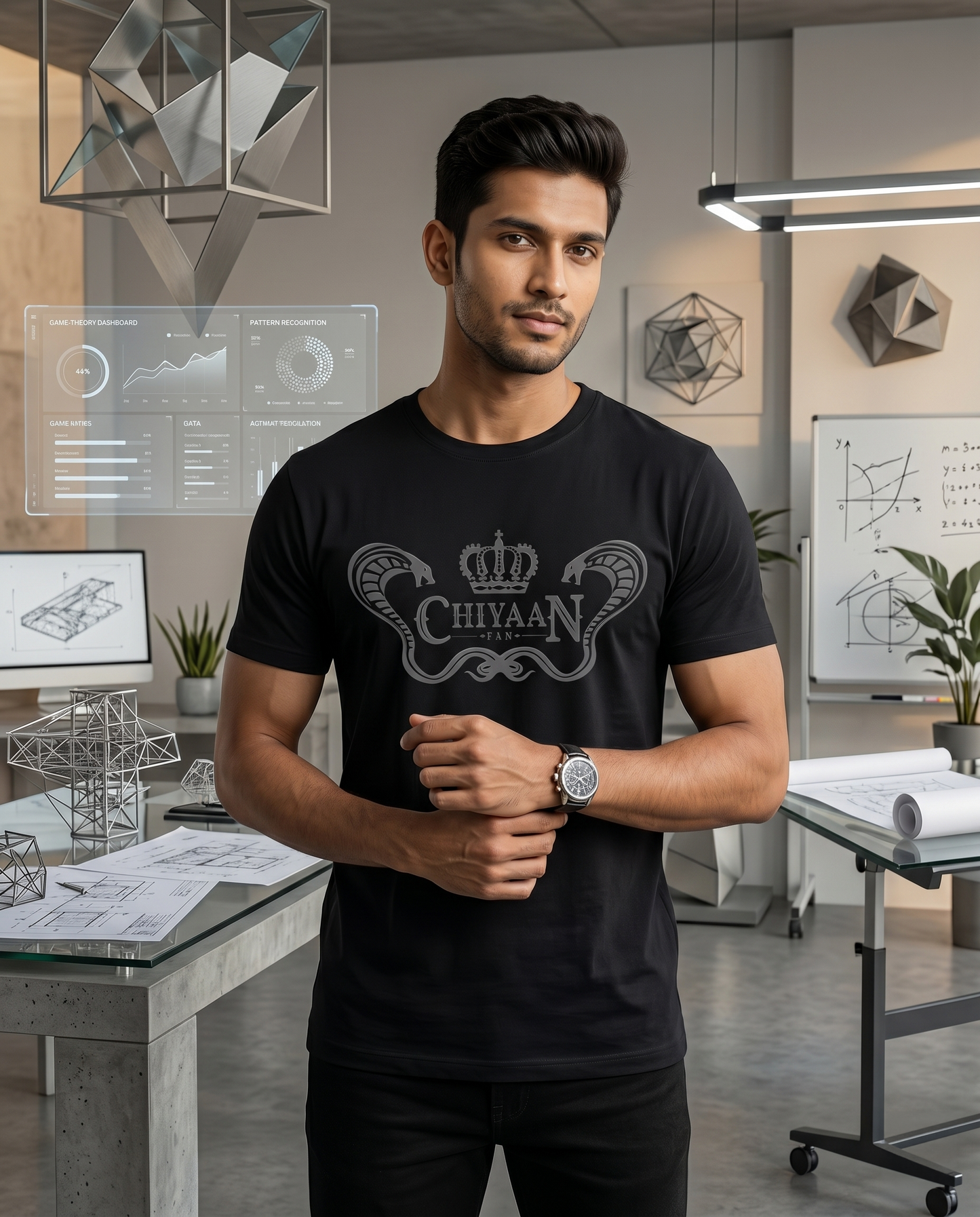 Young South Indian male wearing the CHIYAAN FAN men's regular-fit t-shirt in black inside a futuristic innovation and strategy center.
