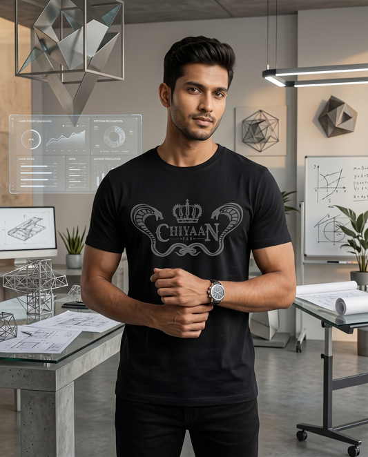 Young South Indian male wearing the CHIYAAN FAN men's regular-fit t-shirt in black inside a futuristic innovation and strategy center.