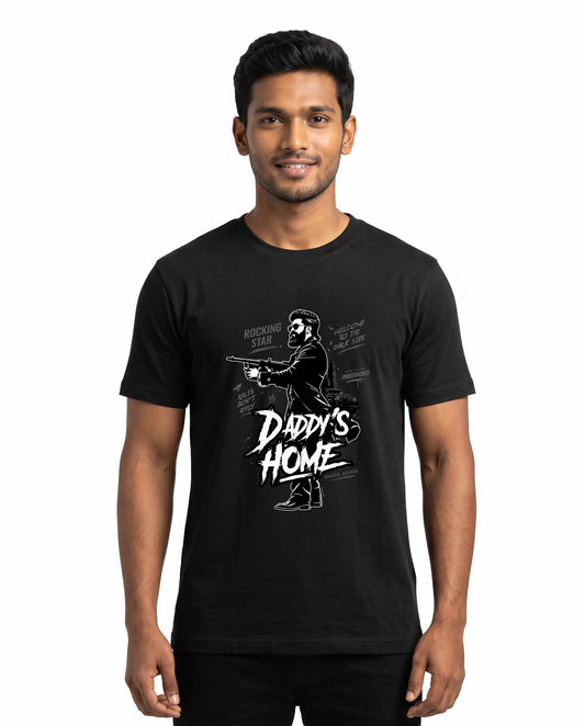 Front view of male model wearing DADDY'S HOME men's regular-fit t-shirt in black in a studio setting.