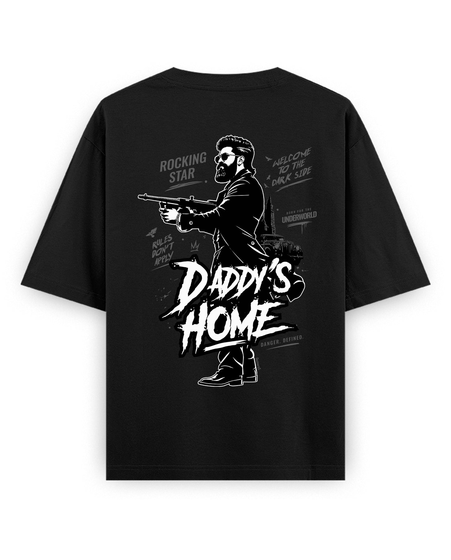 Back view of DADDY'S HOME unisex oversized graphic t-shirt in  in black.