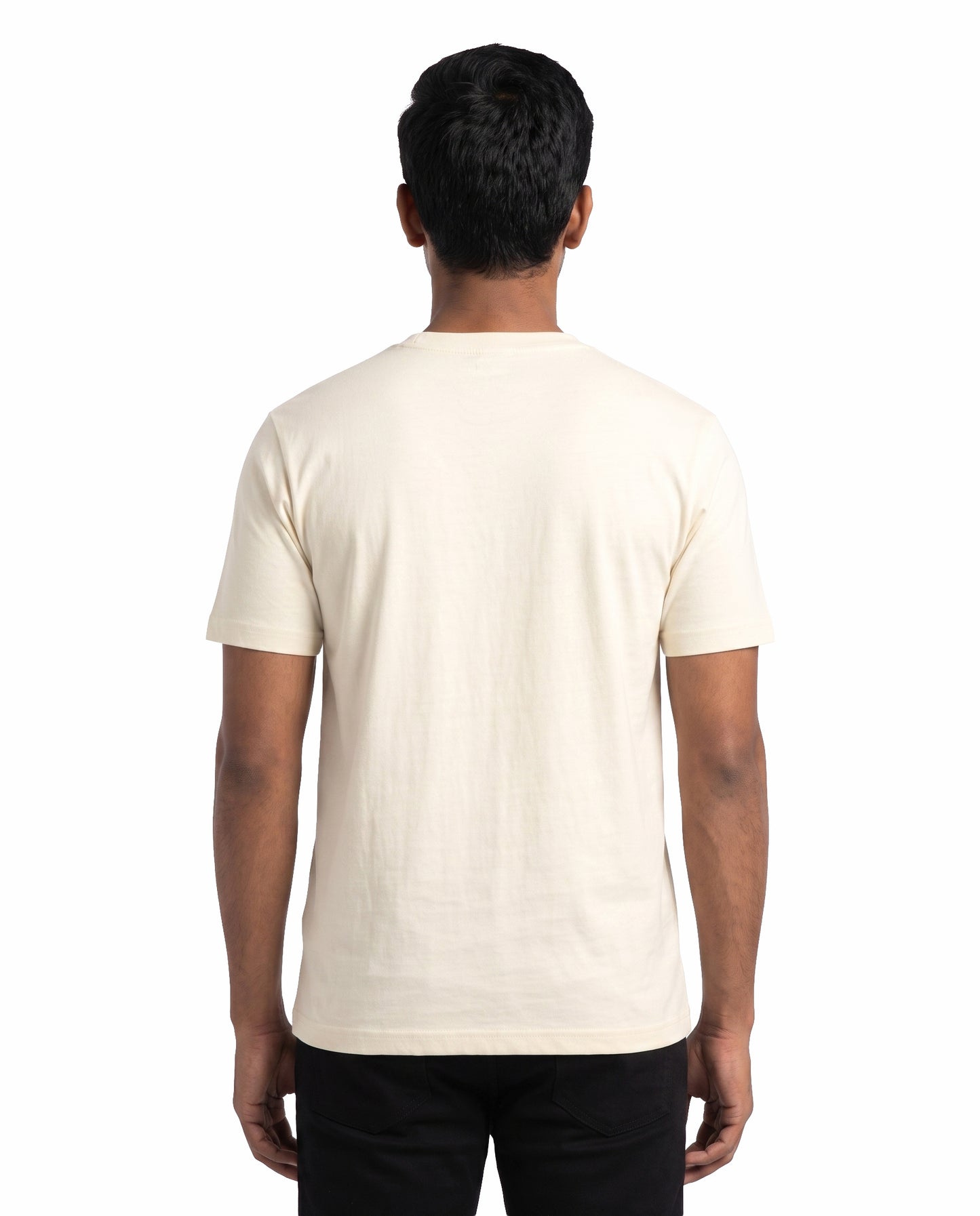 Back view of male model wearing DADDY'S HOME men's regular-fit t-shirt in off-white in a studio setting.