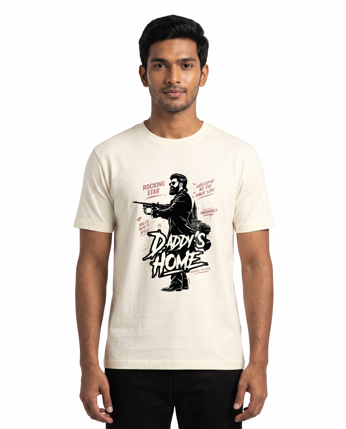Front view of male model wearing DADDY'S HOME men's regular-fit t-shirt in off-white in a studio setting.