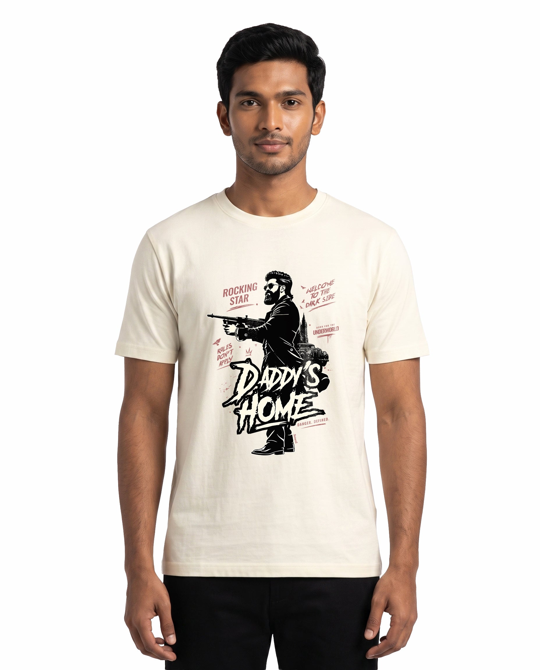 Front view of male model wearing DADDY'S HOME men's regular-fit t-shirt in off-white in a studio setting.