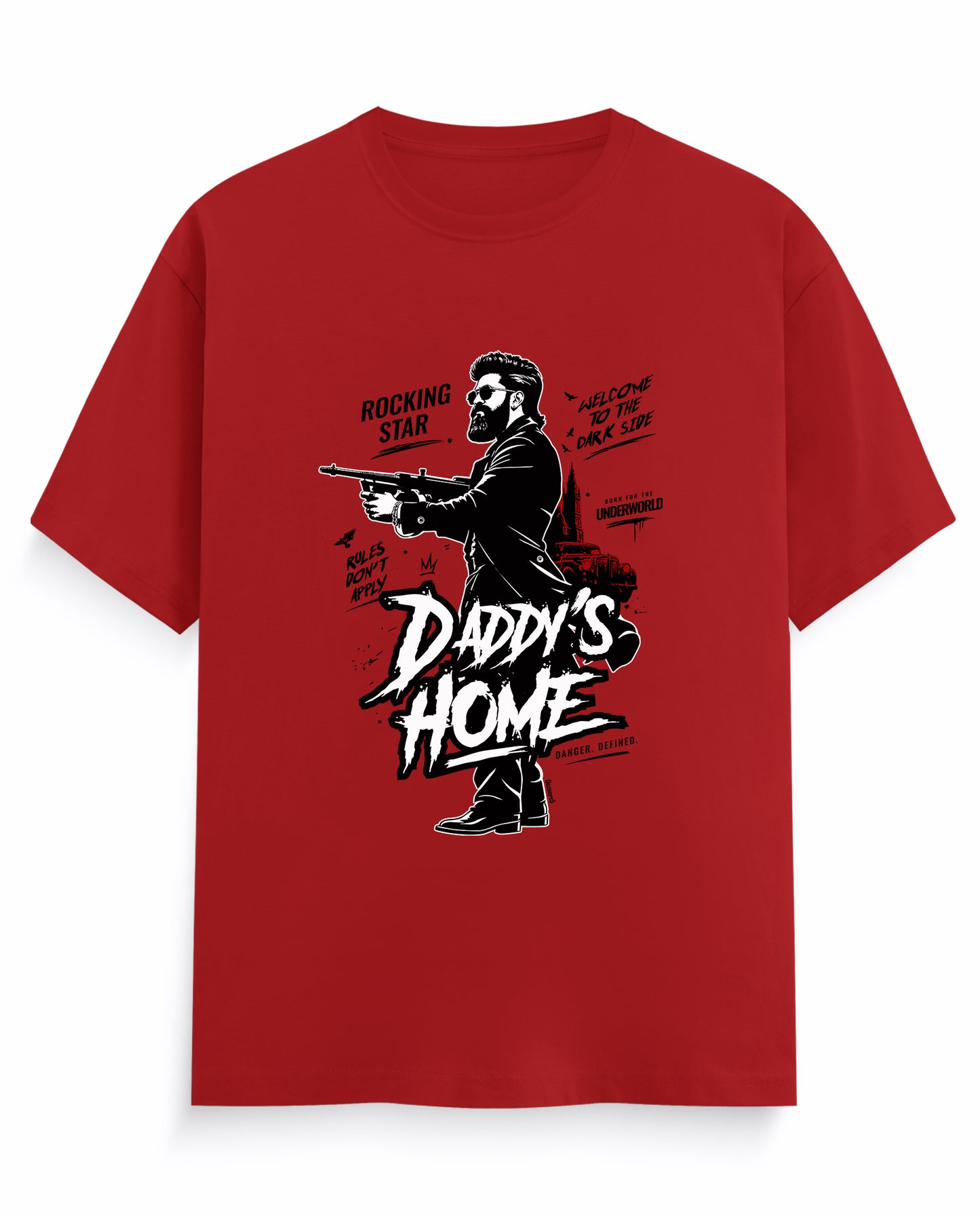 Front view of DADDY'S HOME men's regular-fit t-shirt in red.