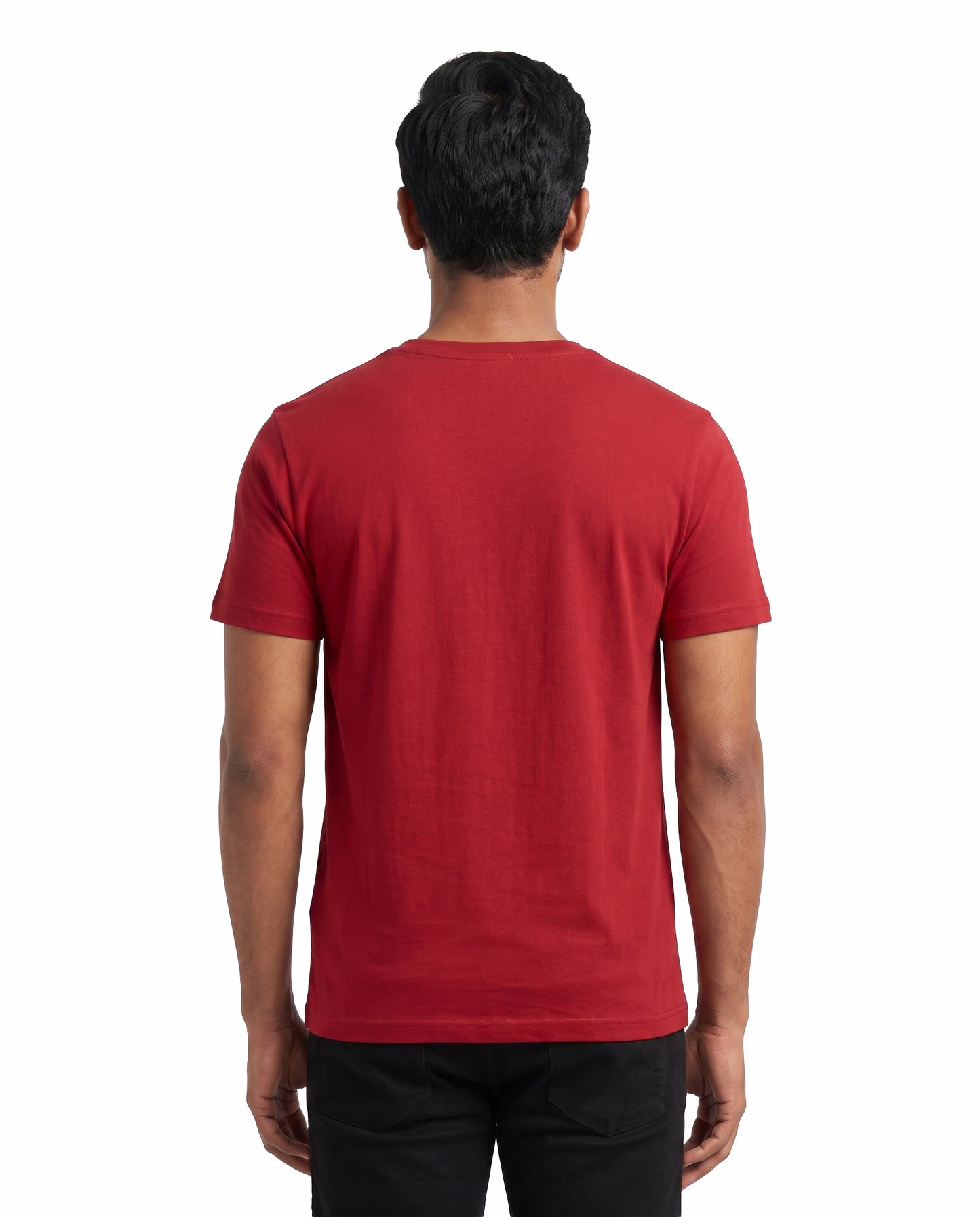 Back view of male model wearing DADDY'S HOME men's regular-fit t-shirt in red in a studio setting.
