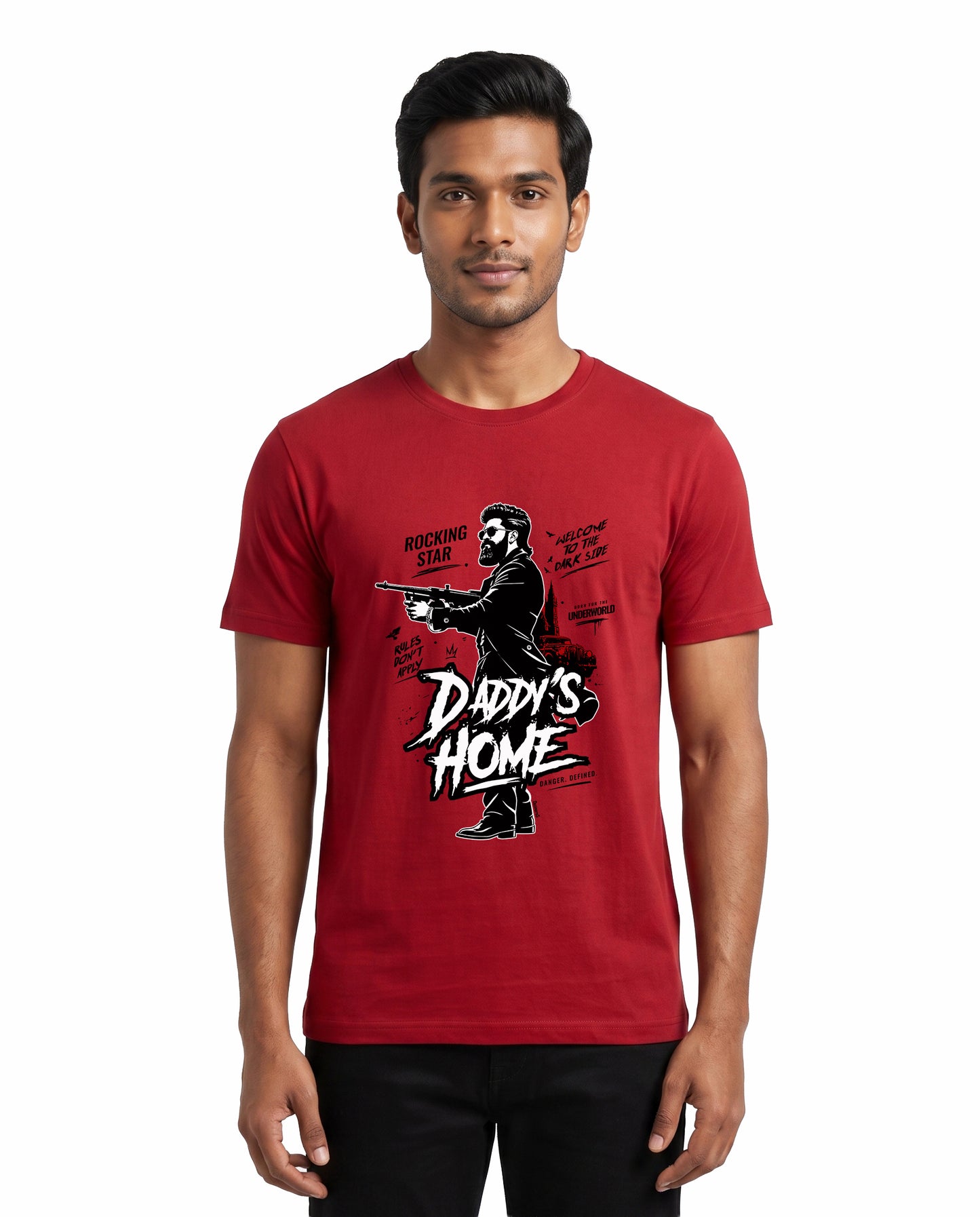 Front view of male model wearing DADDY'S HOME men's regular-fit t-shirt in red in a studio setting.