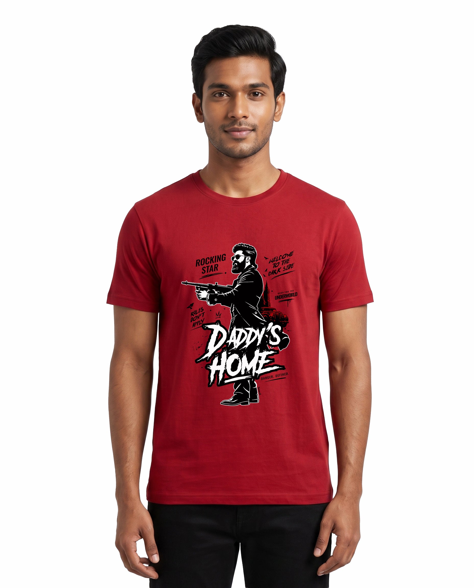 Front view of male model wearing DADDY'S HOME men's regular-fit t-shirt in red in a studio setting.