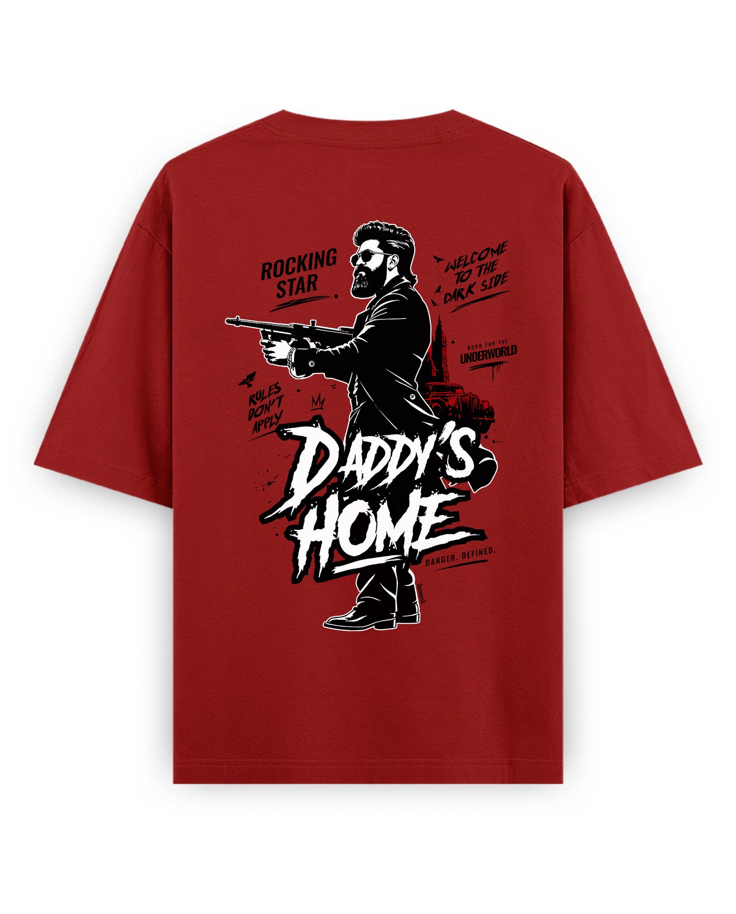 Back view of DADDY'S HOME unisex oversized graphic t-shirt in red.