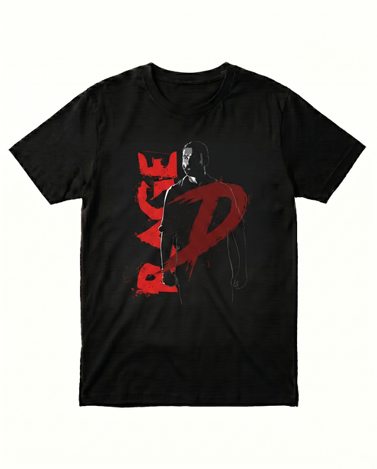 D'S RAGE men's regular-fit t-shirt featuring an illustrated graphic and typography design on a black t-shirt.