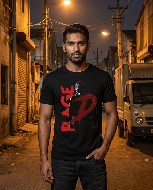 Young South Indian male wearing the D'S RAGE men's regular-fit t-shirt in black in a gritty industrial neighborhood street setting.