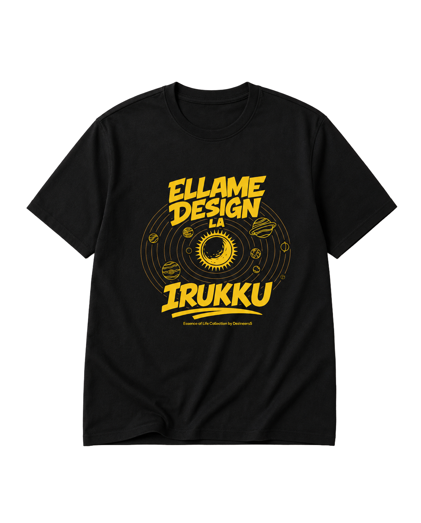 ELLAME DESIGNLA IRUKKU men's regular-fit t-shirt in black featuring a universe-inspired typography and graphic design.