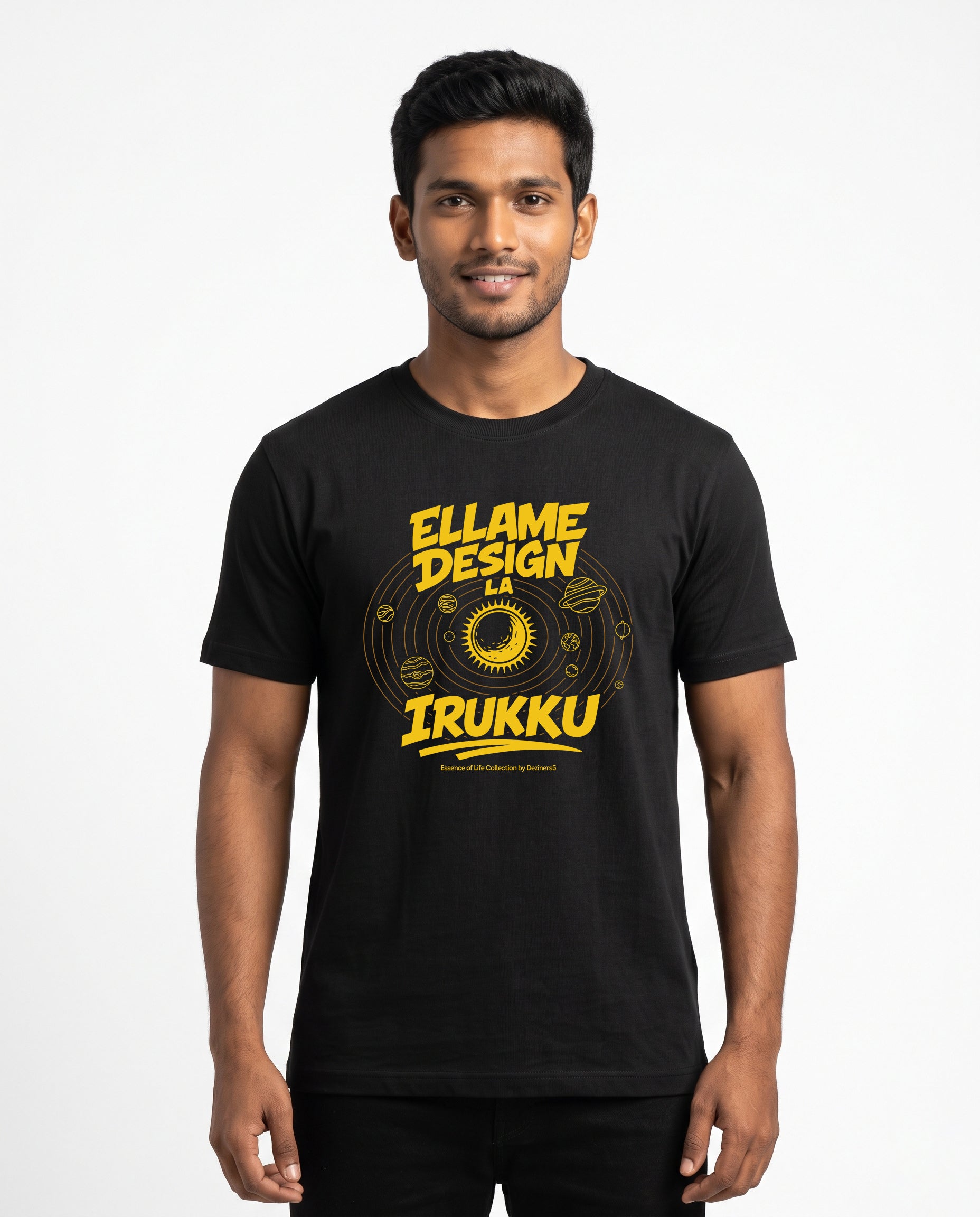 Male model wearing ELLAME DESIGNLA IRUKKU men's regular-fit t-shirt in black in a studio setting.