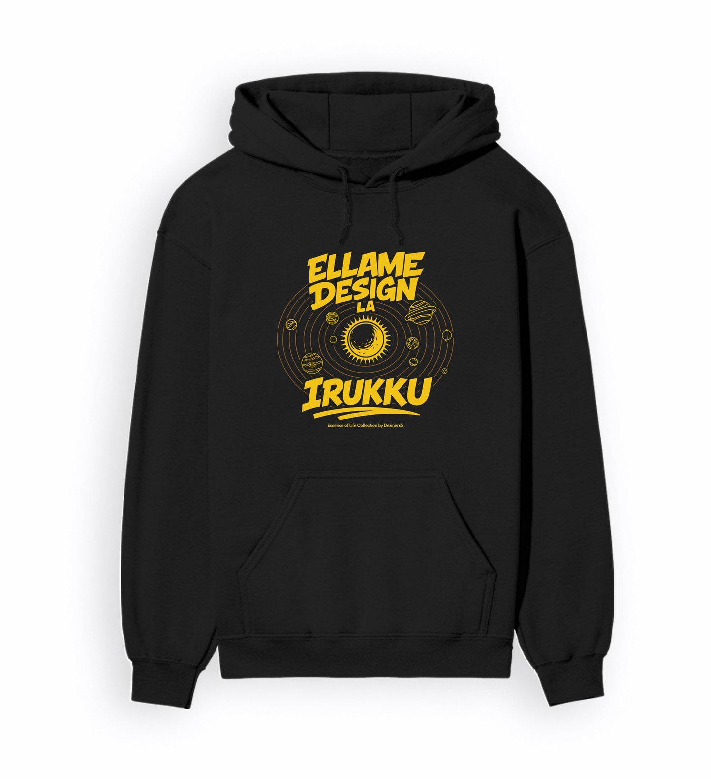 Front view of ELLAME DESIGNLA IRUKKU - Unisex Regular Fit Hoodie in black.