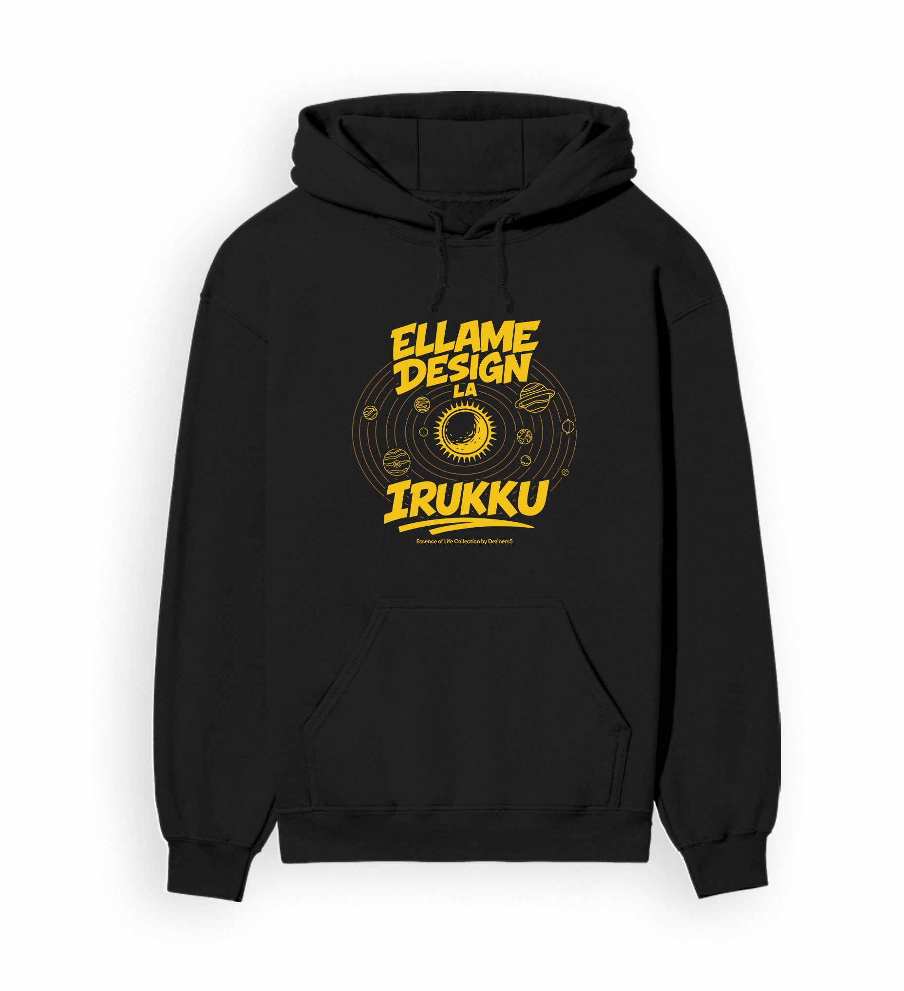 Front view of ELLAME DESIGNLA IRUKKU - Unisex Regular Fit Hoodie in black.
