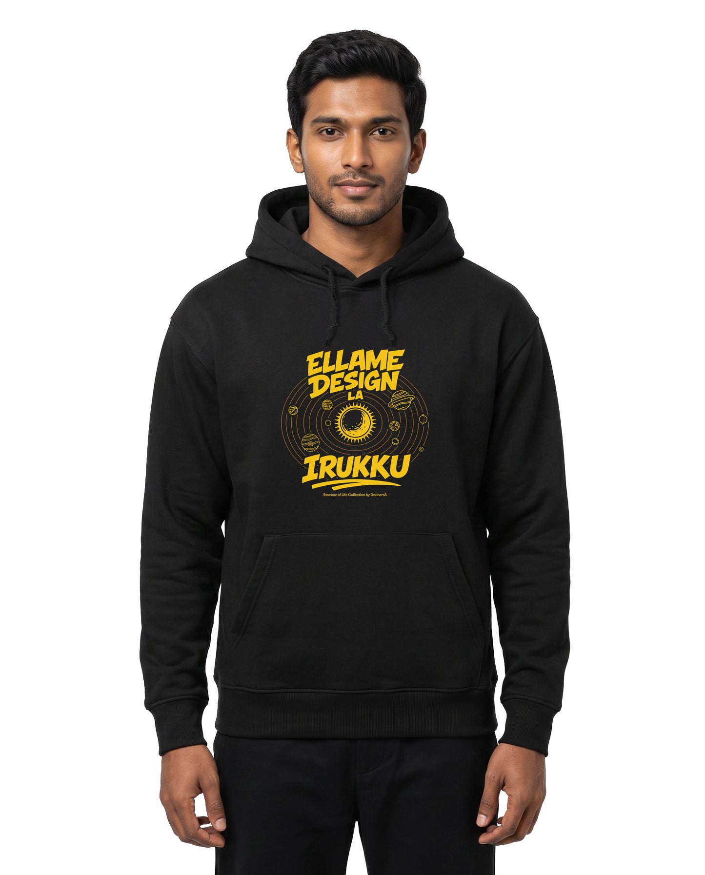 Front view of male model wearing ELLAME DESIGNLA IRUKKU - Unisex Regular Fit Hoodie in black in a studio setting.