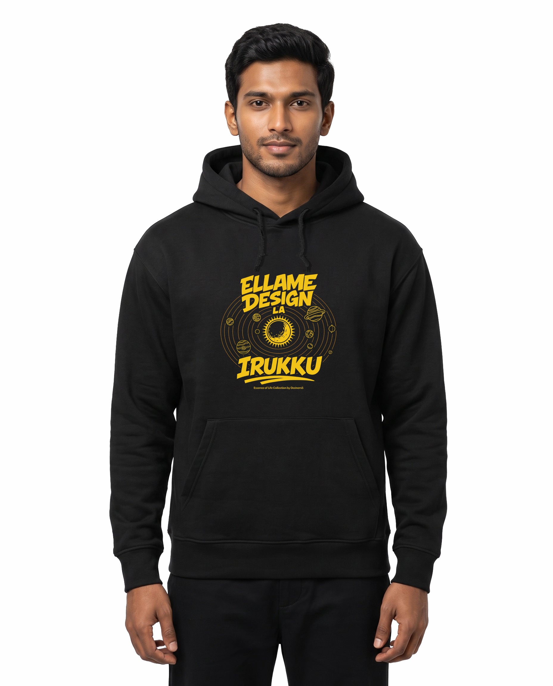 Front view of male model wearing ELLAME DESIGNLA IRUKKU - Unisex Regular Fit Hoodie in black in a studio setting.