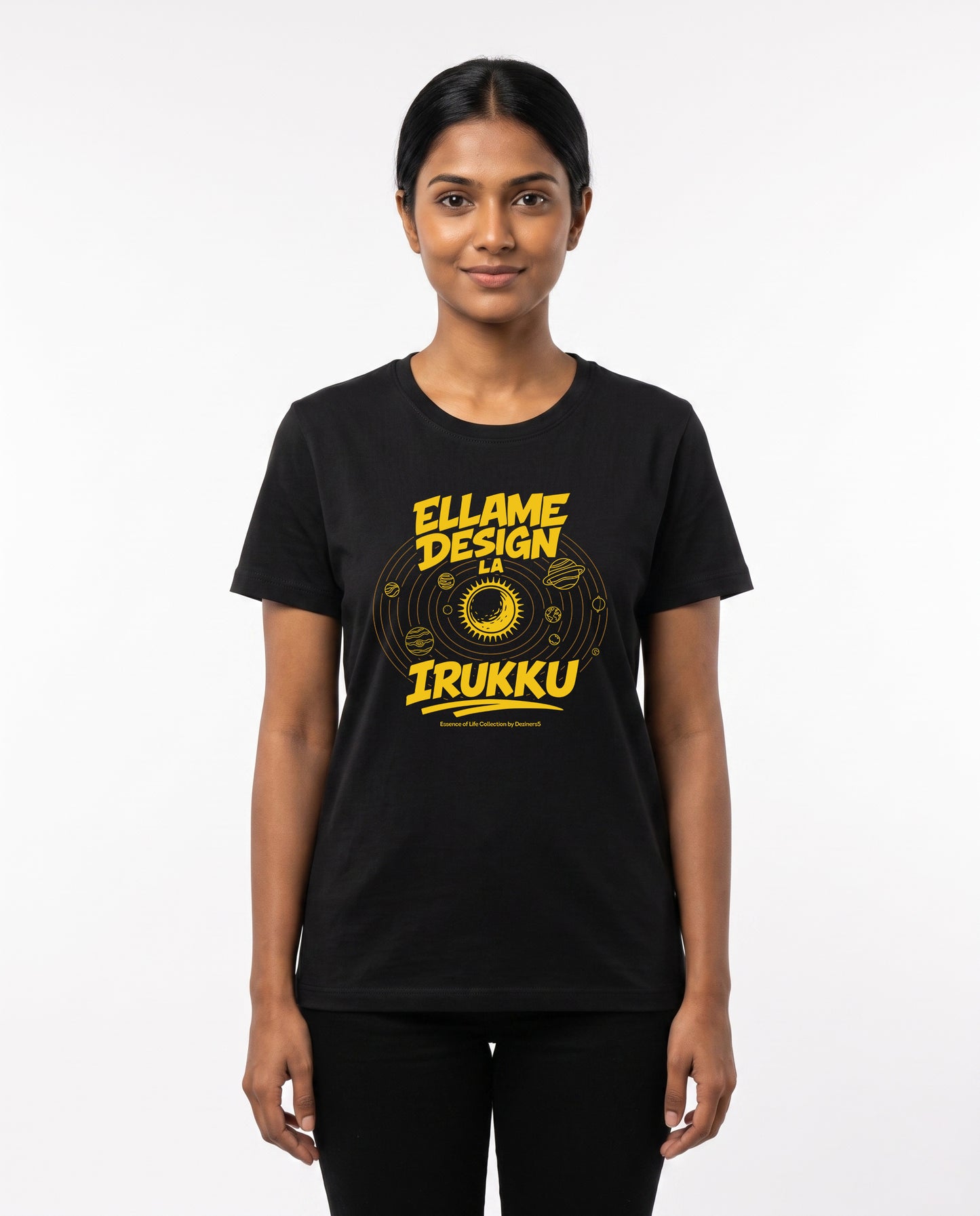 Female model wearing ELLAME DESIGNLA IRUKKU women's regular-fit t-shirt in black in a studio setting.