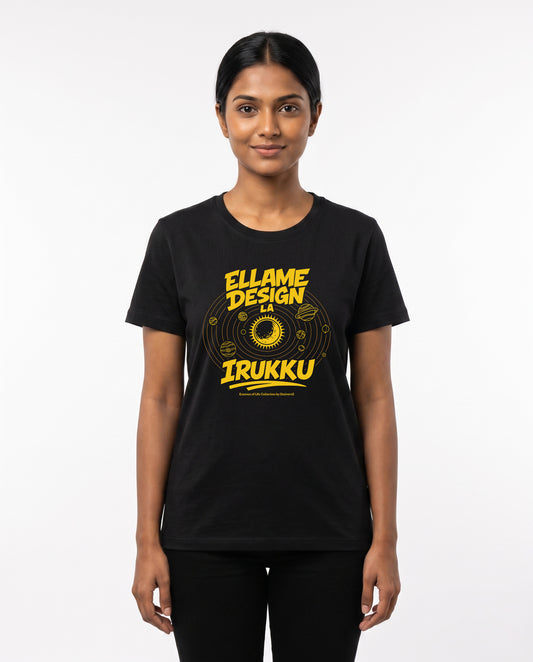 Female model wearing ELLAME DESIGNLA IRUKKU women's regular-fit t-shirt in black in a studio setting.