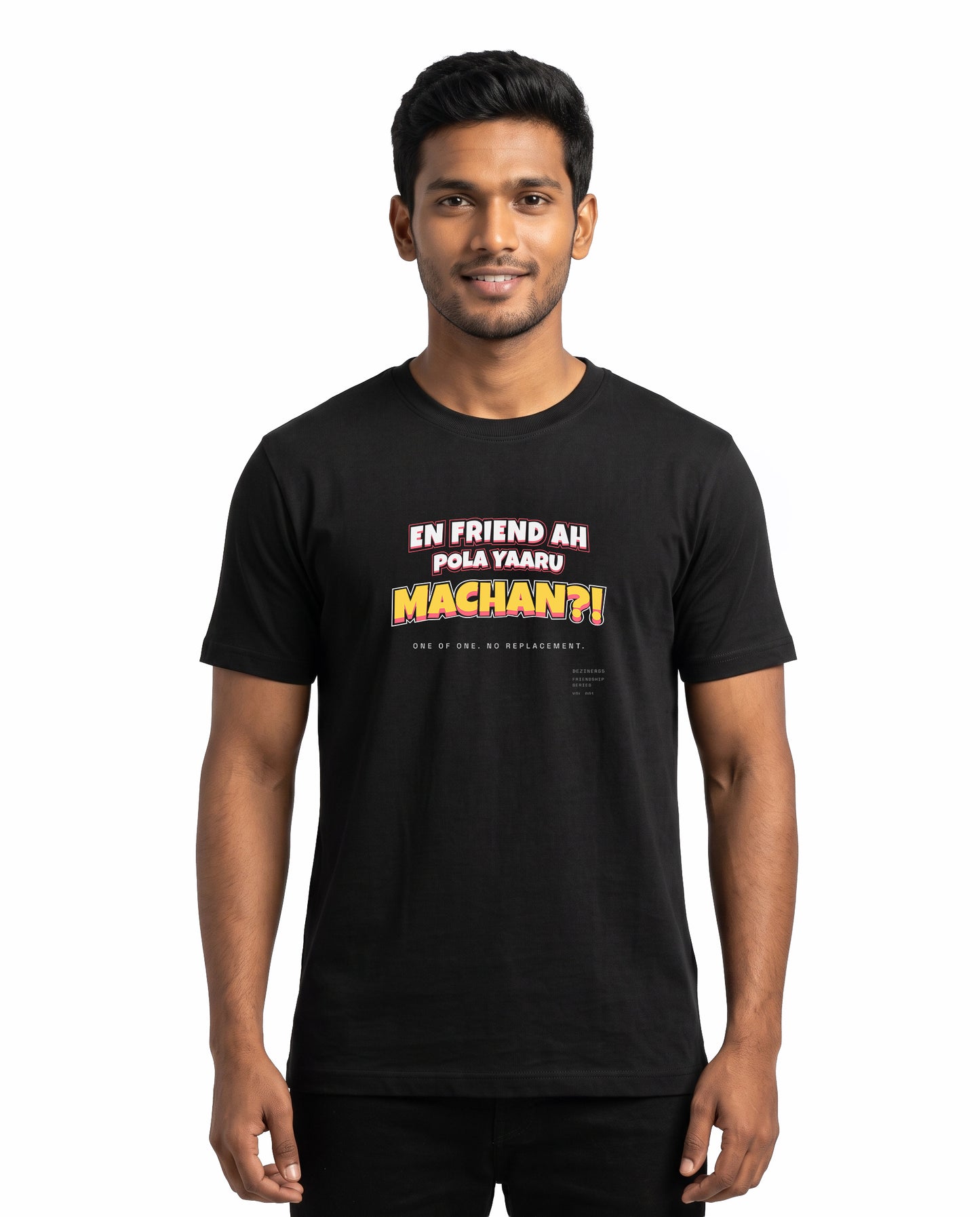 Male model wearing EN FRIEND AH POLA YAARU MACHAN men's regular-fit t-shirt in black in a studio setting.