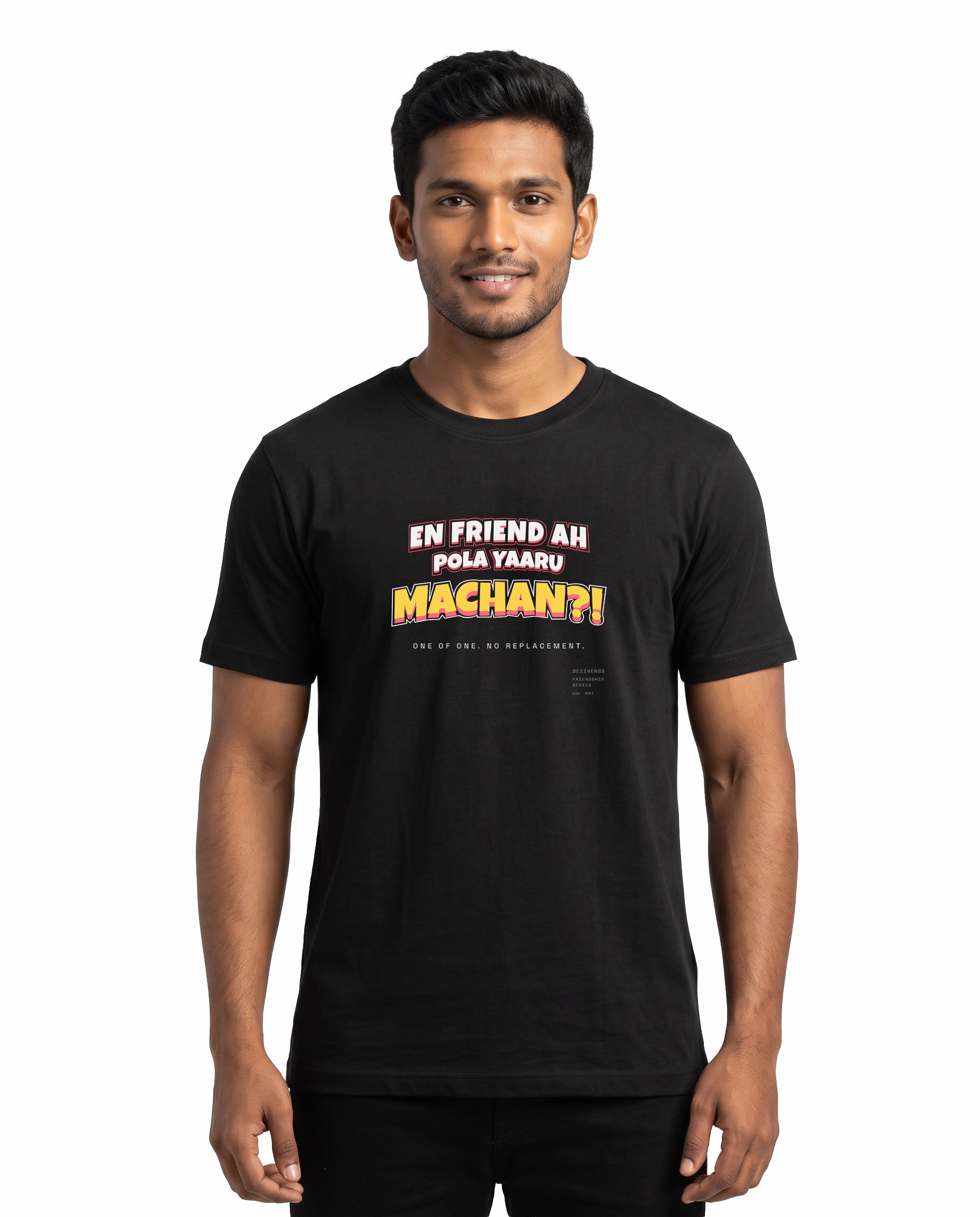 Male model wearing EN FRIEND AH POLA YAARU MACHAN men's regular-fit t-shirt in black in a studio setting.