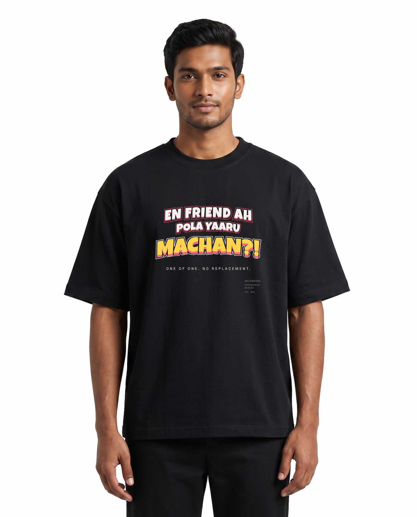 Front view of male model wearing EN FRIEND AH POLA YAARU MACHAN unisex oversized graphic t-shirt in black in a studio setting.