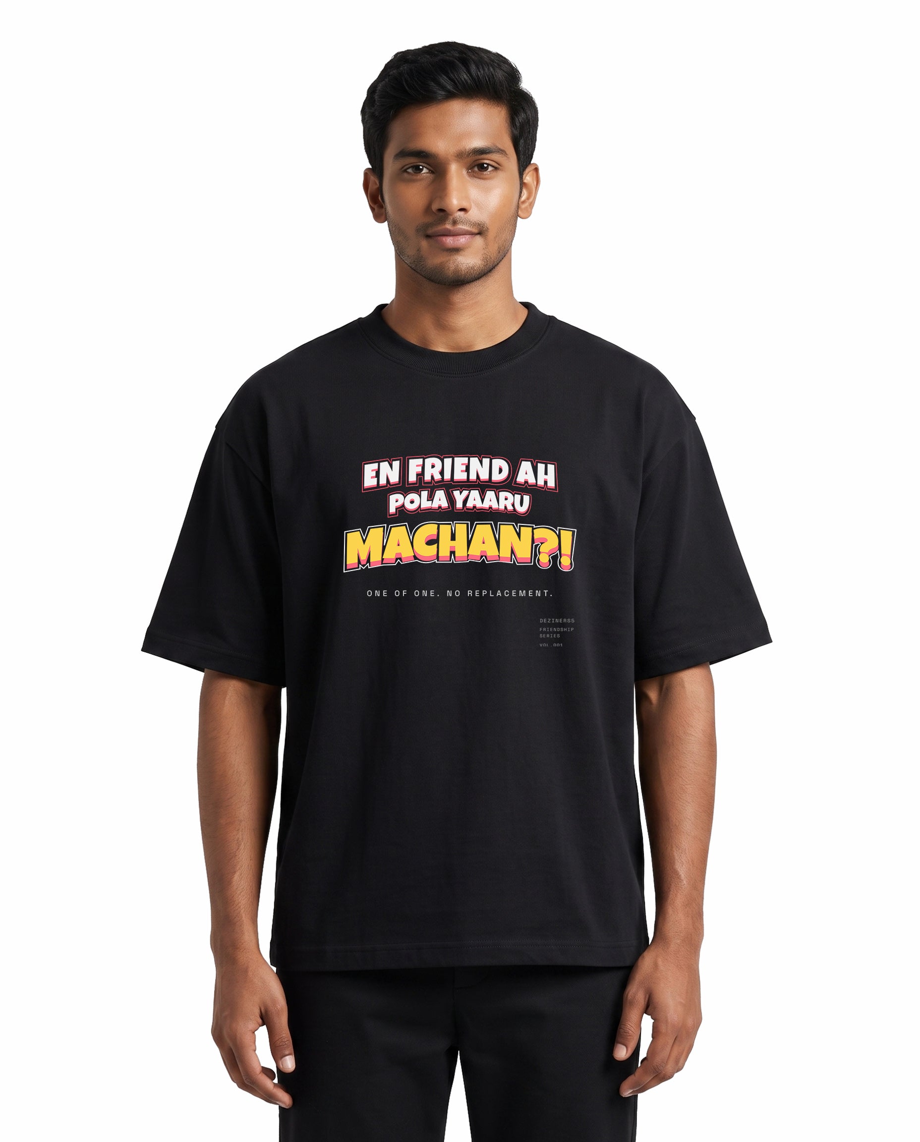 Front view of male model wearing EN FRIEND AH POLA YAARU MACHAN unisex oversized graphic t-shirt in black in a studio setting.