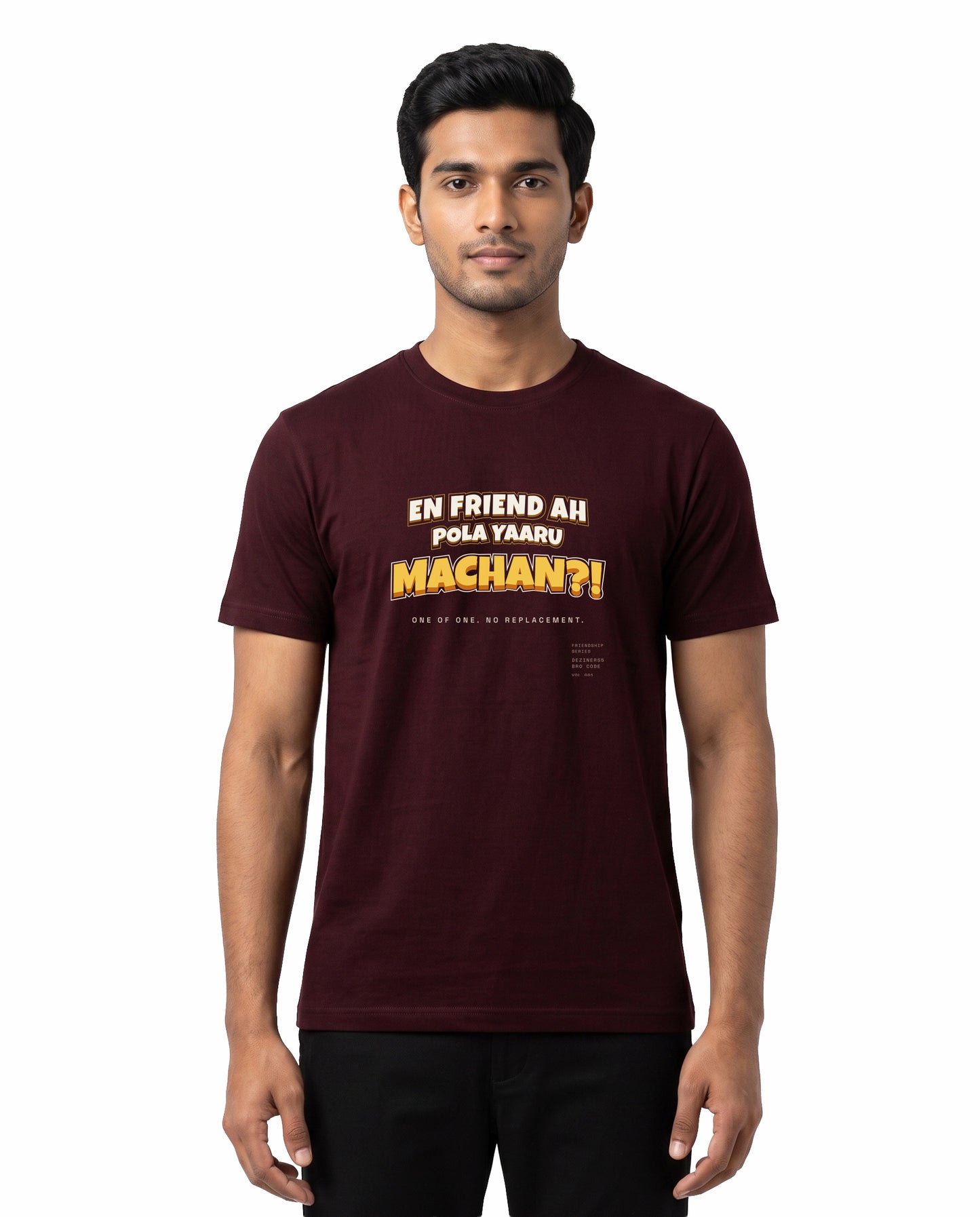 Male model wearing EN FRIEND AH POLA YAARU MACHAN men's regular-fit t-shirt in maroon in a studio setting.