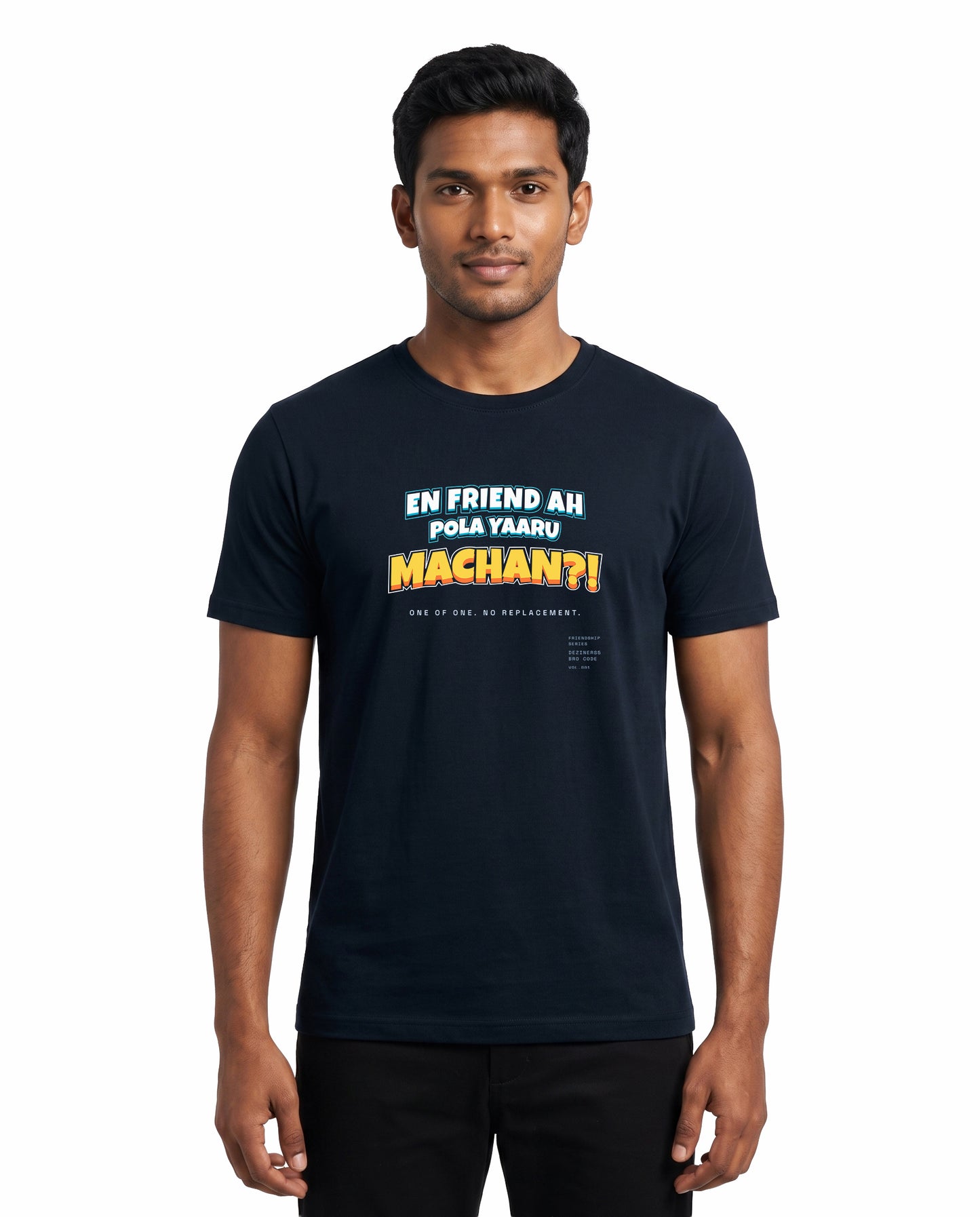 Male model wearing EN FRIEND AH POLA YAARU MACHAN men's regular-fit t-shirt in navy blue in a studio setting.
