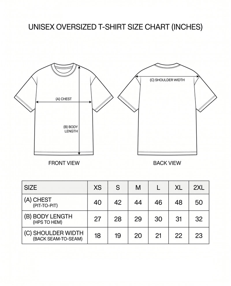 EN FRIEND AH POLA YAARU MACHAN unisex oversized graphic t-shirt size chart with measurements.