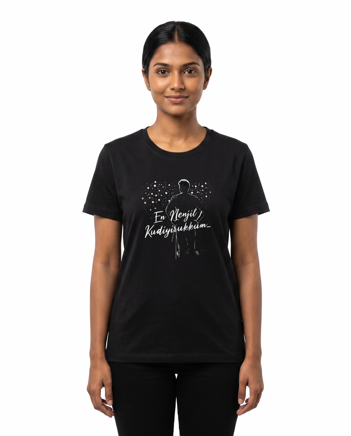 Female model wearing EN NENJIL KUDIYIRUKKUM women's regular-fit t-shirt in black.