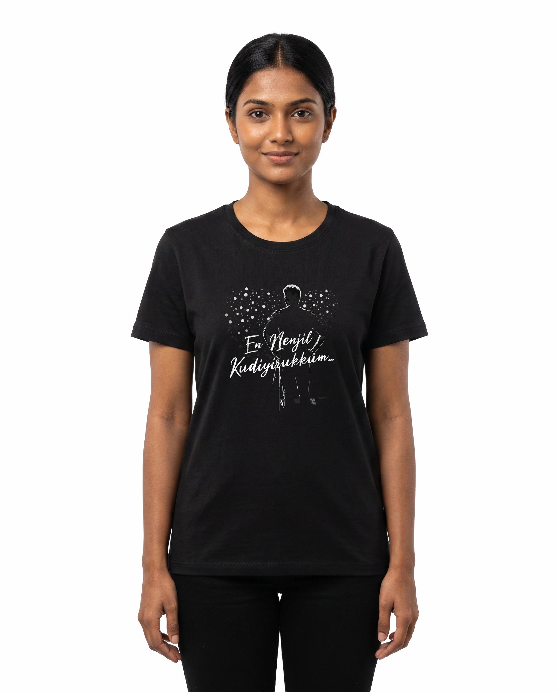 Female model wearing EN NENJIL KUDIYIRUKKUM women's regular-fit t-shirt in black.