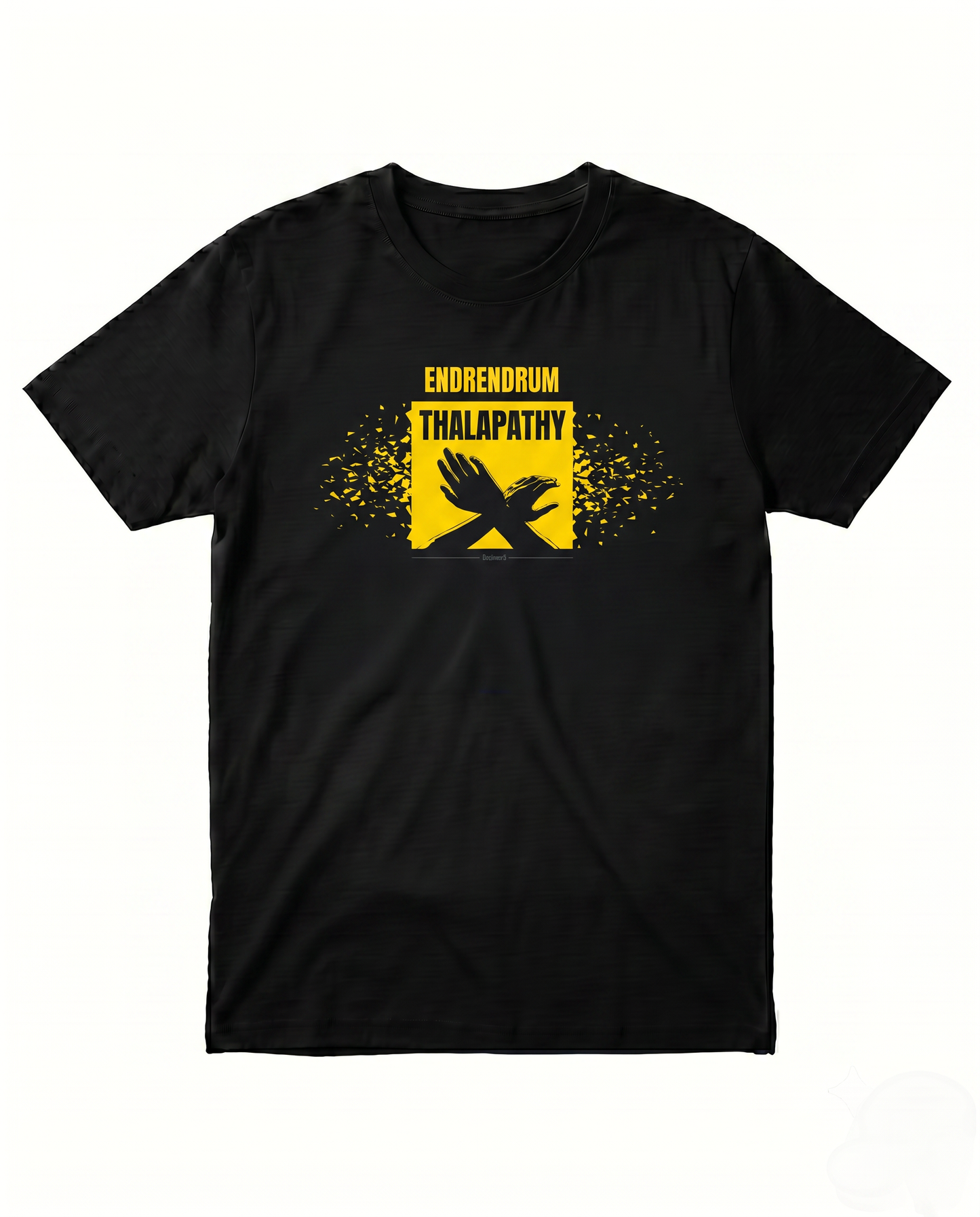 ENDRENDRUM THALAPATHY men's regular-fit t-shirt in black featuring a fan-inspired graphic print on premium cotton fabric.