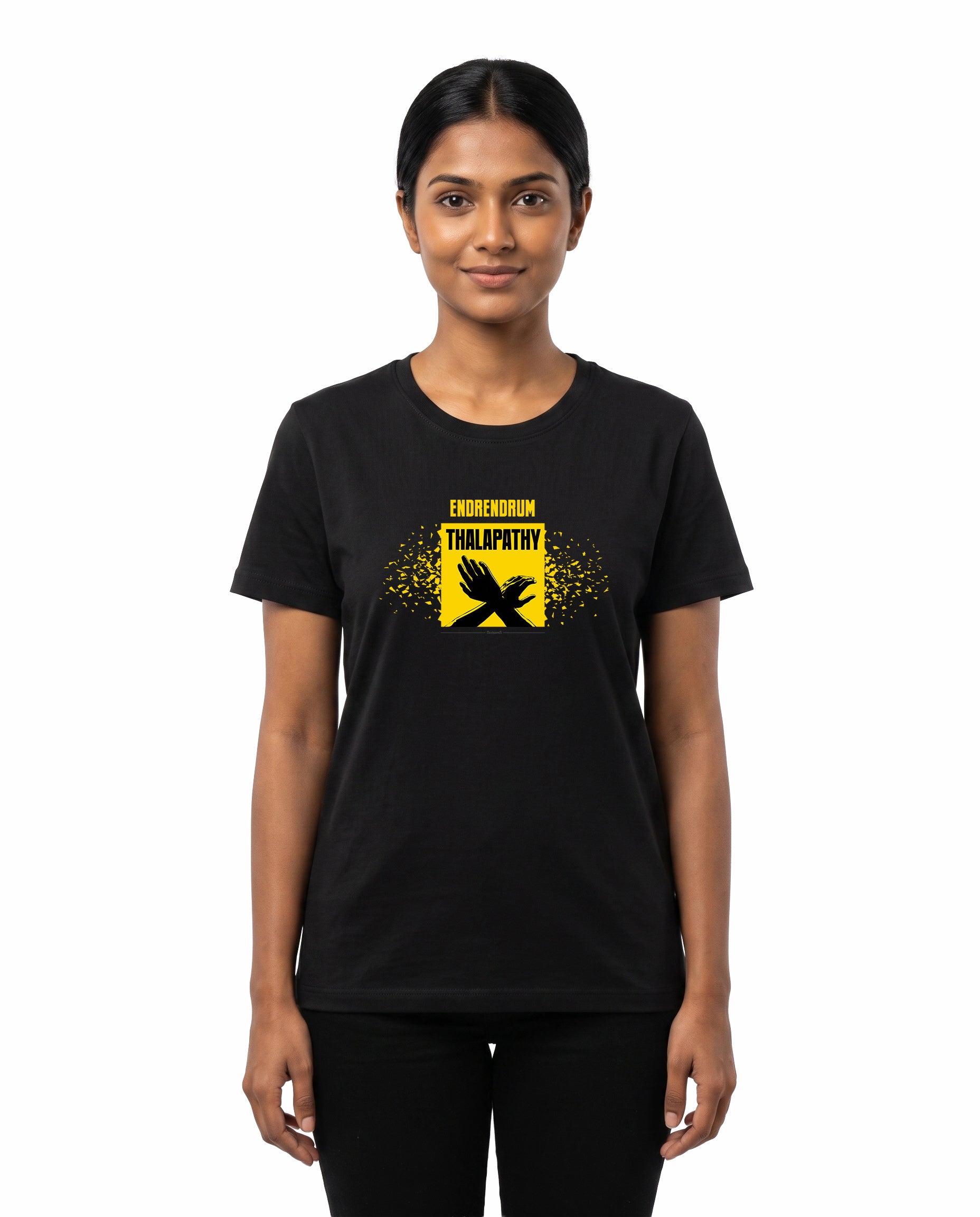 Female model wearing ENDRENDRUM THALAPATHY women's regular-fit t-shirt in black in a studio setting.