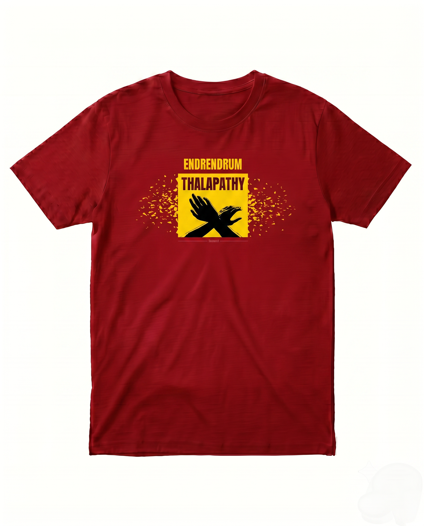 ENDRENDRUM THALAPATHY red men's regular-fit t-shirt featuring a fan-inspired graphic print on premium cotton fabric.