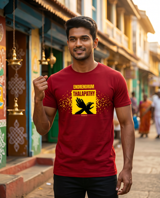 Young South Indian male wearing the ENDRENDRUM THALAPATHY red men's regular-fit t-shirt in a Tamil Nadu heritage-inspired lifestyle setting.